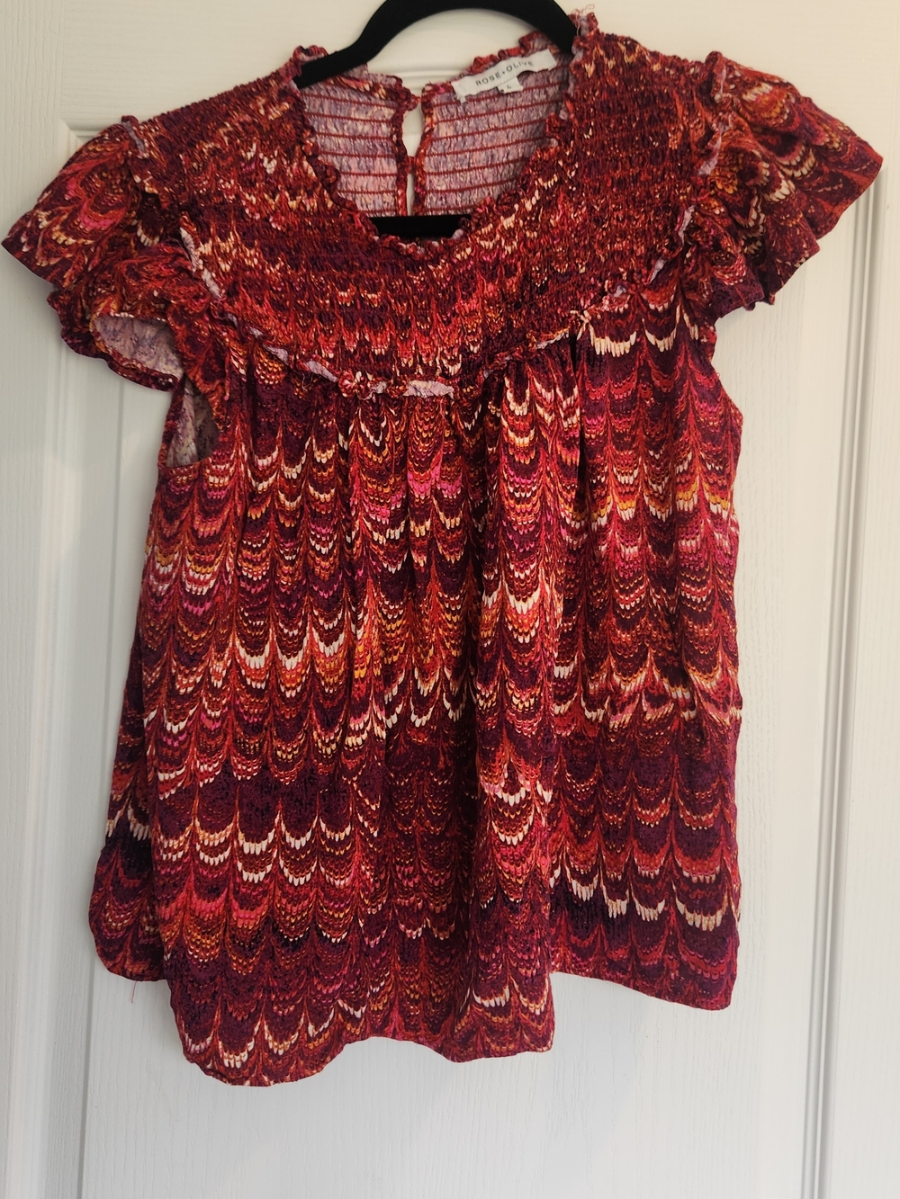 Rose & Olive Multicolor Red Smocked Ruffle Sleeve Top L Euc